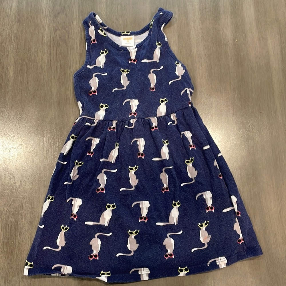 Blue dress with kittys wearing sunglasses. Xs (4) Gymboree